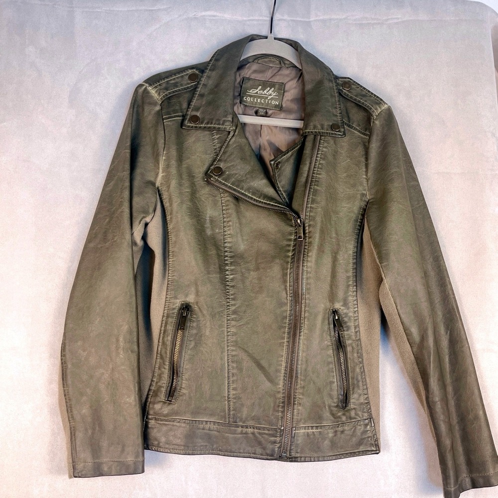 Sebby Collection Brown Faux Leather Moto Jacket Ribbed Panels Size Medium Moto